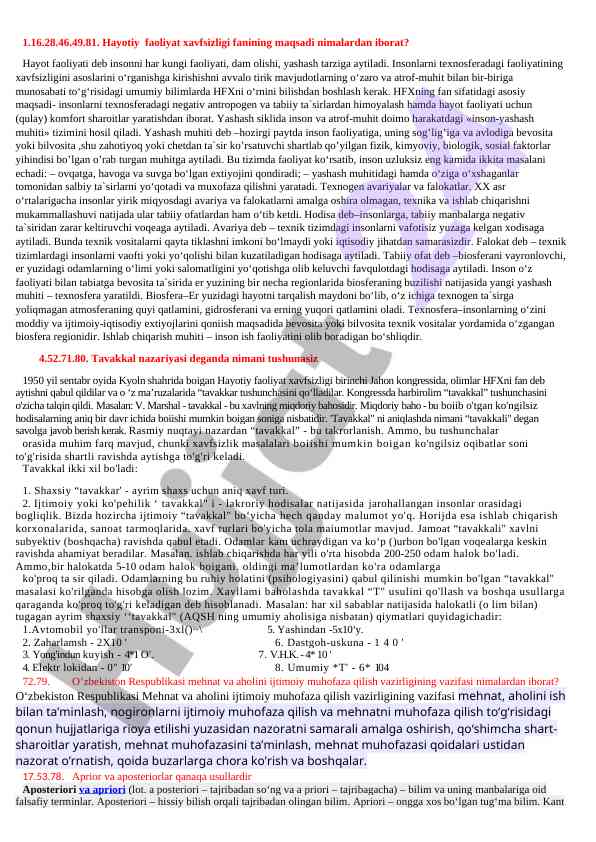 Hayotiy faoliyat xavfsizligi fani maqsadi