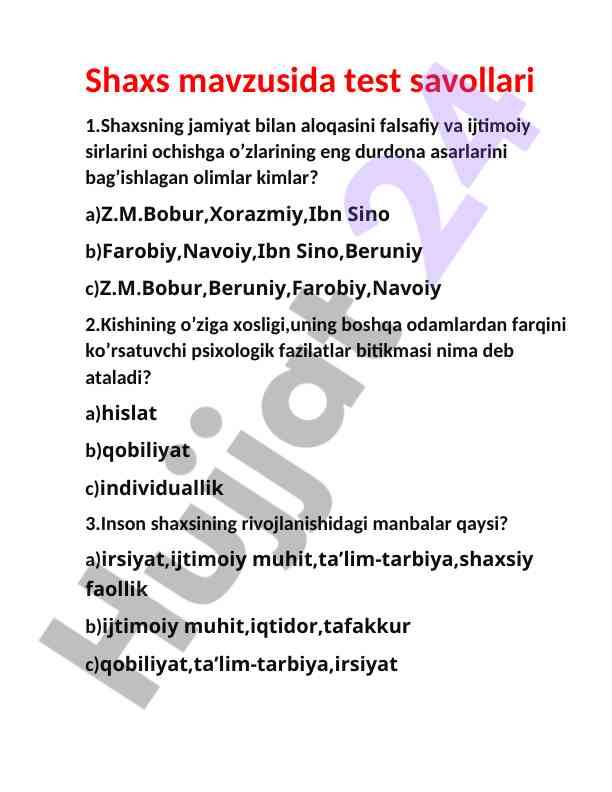 Shaxs mavzusida test savollari va javoblar