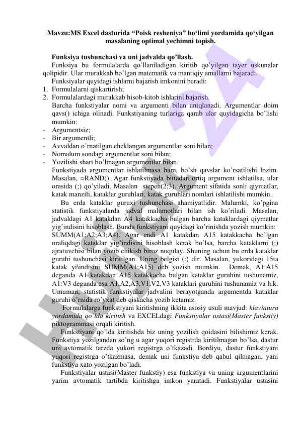 Optimal yechimni topish ms excel dasturi bilan