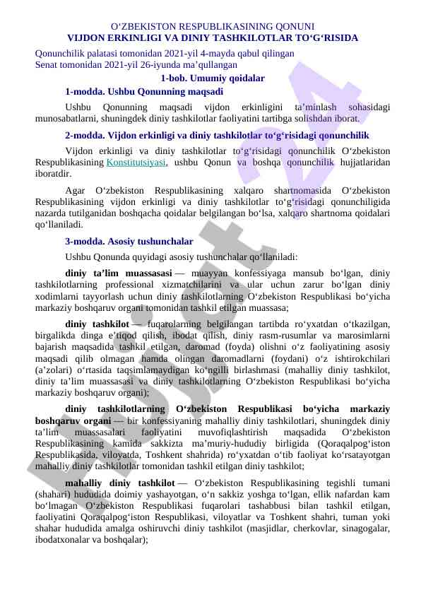 Vijdon erkinligi va diniy tashkilotlar qonuni