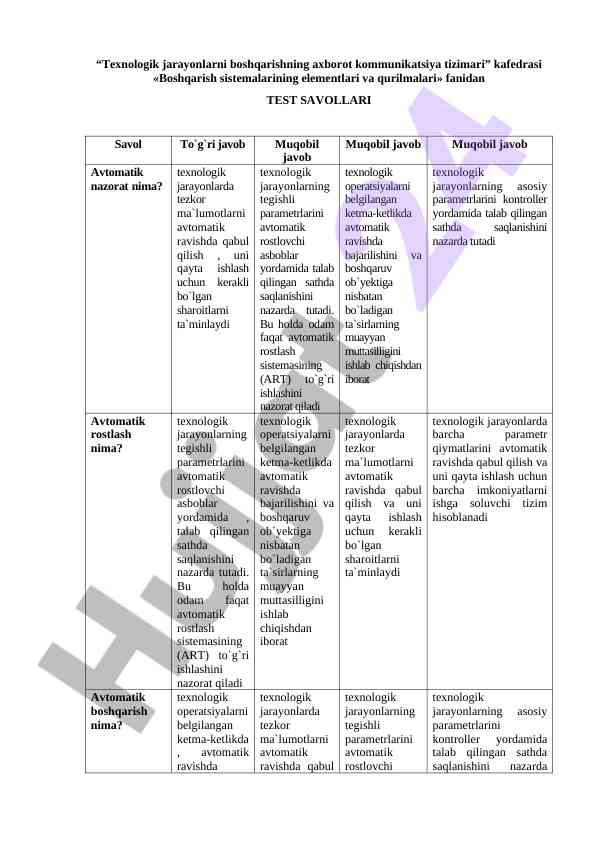 Boshqarish sistemalarining elementlari va qurilmalari test savollari