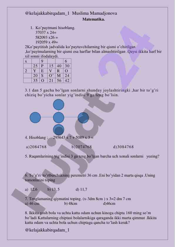 Matematika mavzulari bilan mashqlarni hisoblash