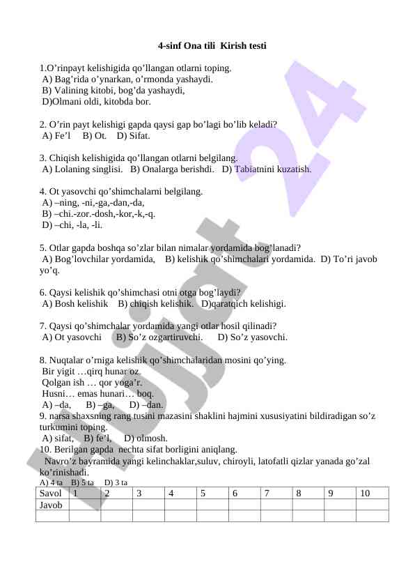 4-sinf ona tili kirish testi savollari