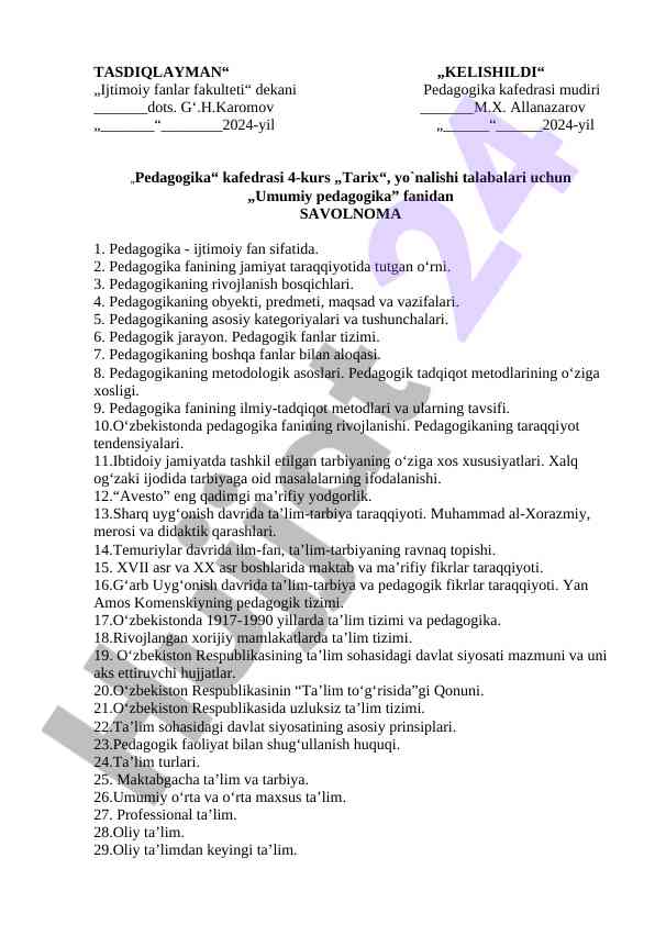 Umumiy pedagogika fanidan savolnoma 1