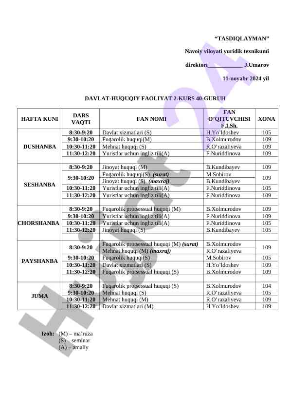 Davlat huquqi faoliyati 2-kurs dars jadvali
