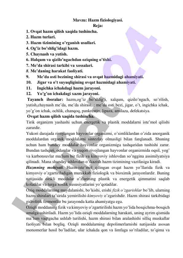 Hazm fiziologiyasi dars rejasi