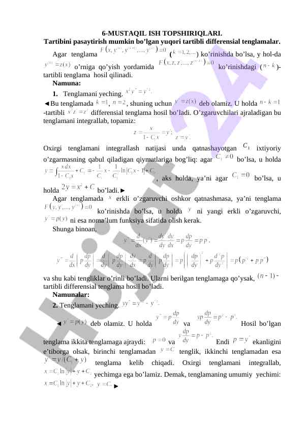Yuqori tartibli differensial tenglamalar