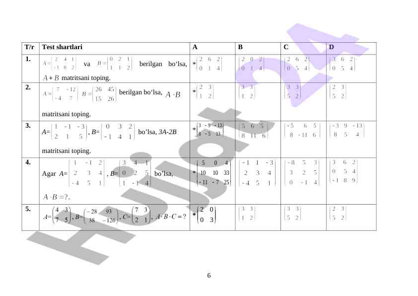 Test shartlari matematik matritsalar uchun