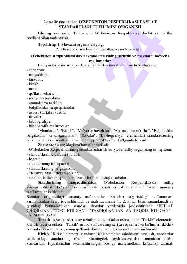 O'zbekiston respublikasi davlat standartlari tuzilishi