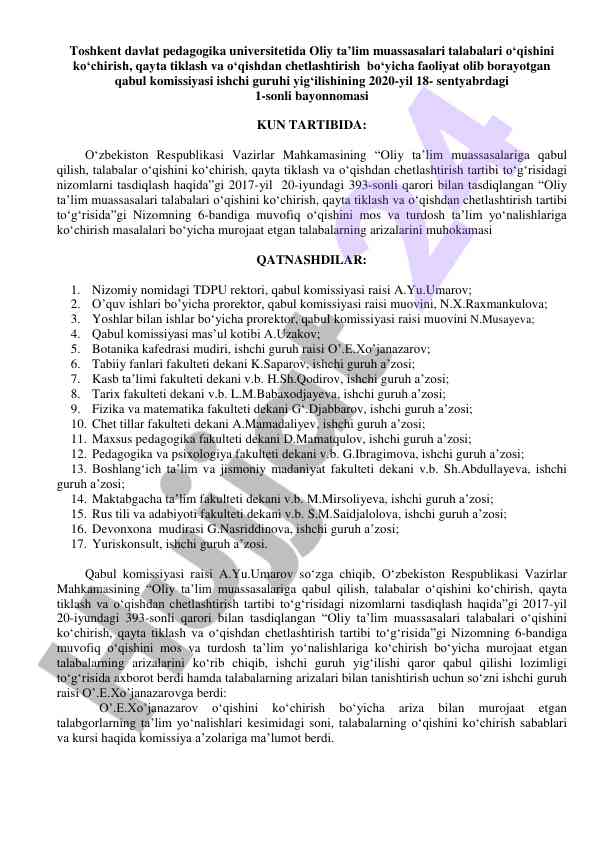 Oliy ta’lim muassasalarida talabalar o‘qishini ko‘chirish