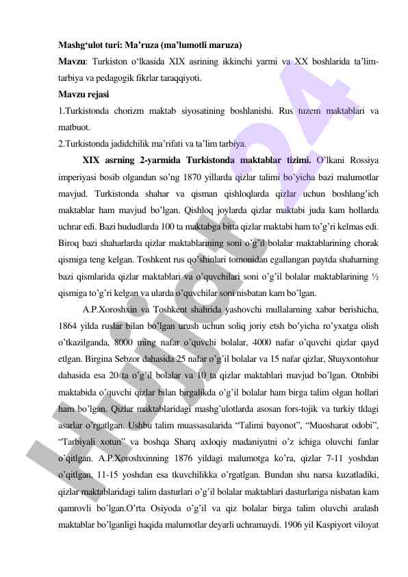 Turkiston o'lkasida ta'lim tarbiya tarakkiyoti