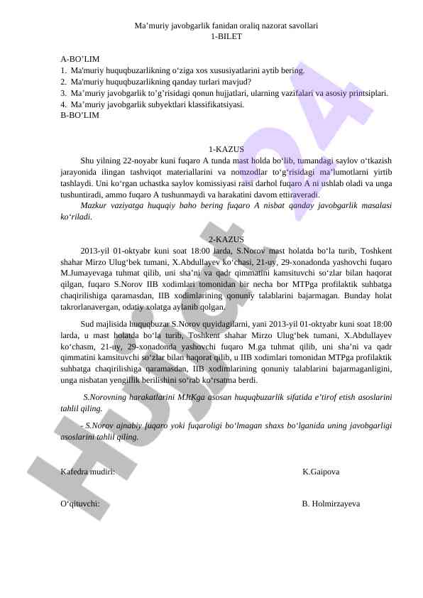 Ma'muriy javobgarlik fanidan oraliq nazorat savollari