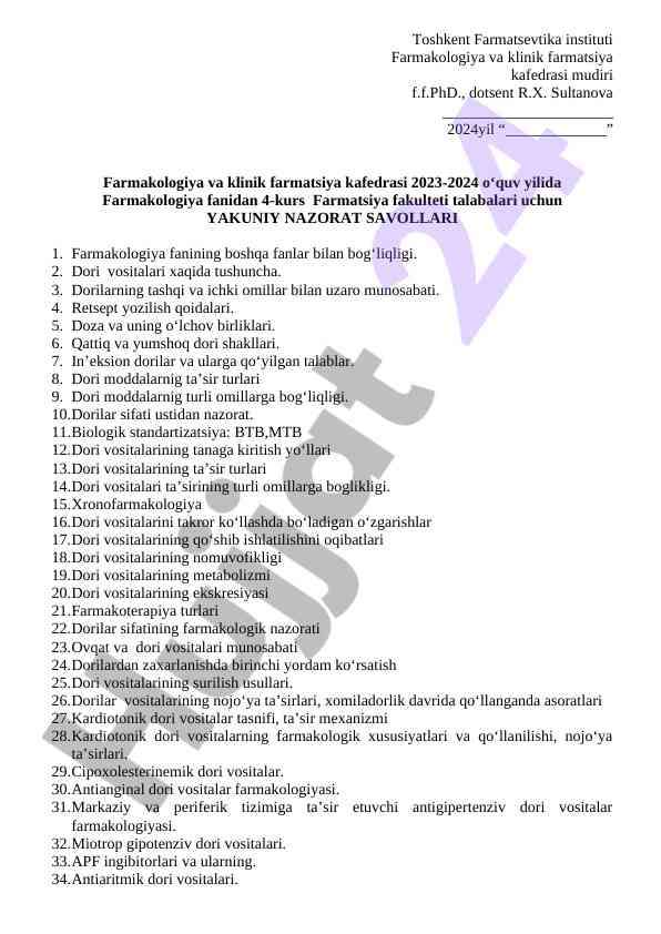 Farmakologiya fanidan yakuniy nazorat savollari