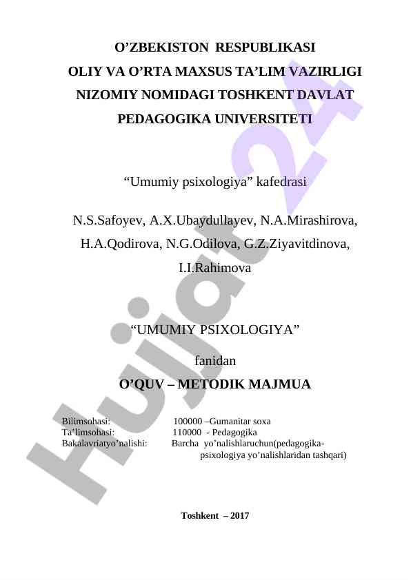 Umumiy psixologiya fanidan o‘quv-metodik majmua