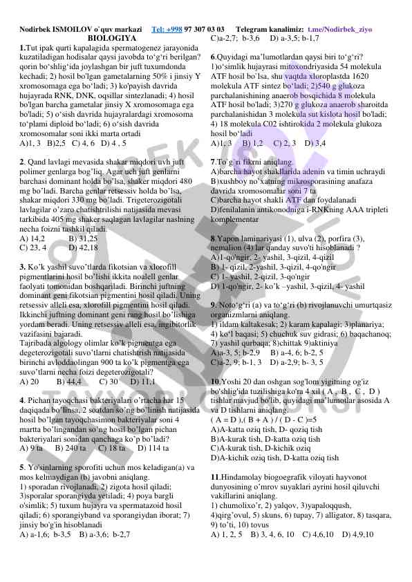 Biologiya testlari va savollari