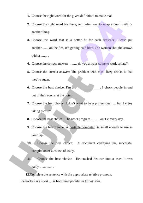 So'zlarni tanlash bo'yicha test savollari