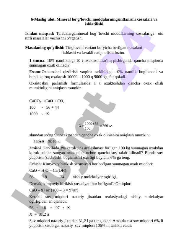 Mineral bo'glovchi moddalarning xossalari va ishlatilishi