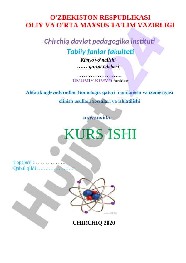 Alifatik uglevodorodlar mavzusida kurs ishining taqdimoti