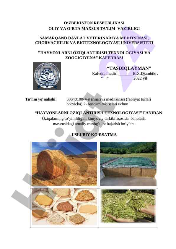 Hayvonlarni oziqlantirish texnologiyasi amaliy mashg‘ulotlar