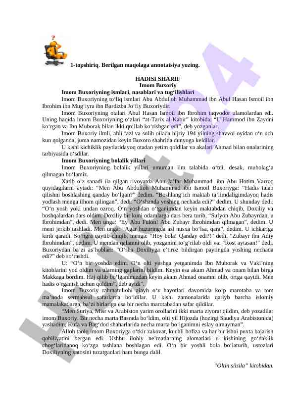 Imom buxoriy hayoti vaqti va ilmiy faolligi