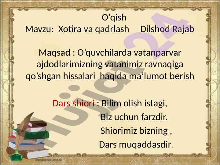 Xotira va qadrlash mavzusida o‘qish dars ishlari