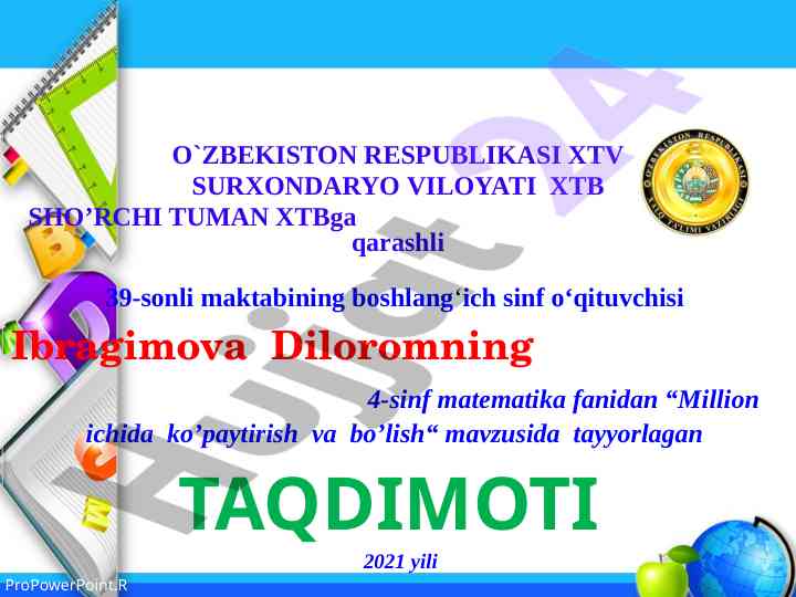 Million ichida ko‘paytirish va bo‘lish mavzusi taqdimoti