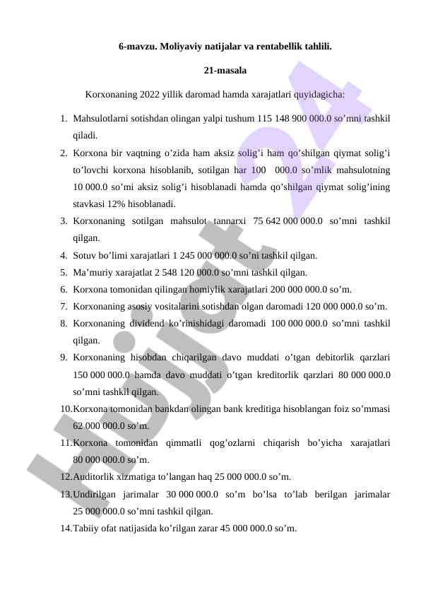 Moliyaviy natijalar va rentabellik tahlili