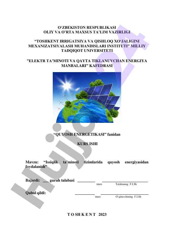 Quyosh energetikasi tizimlarida foydalanish