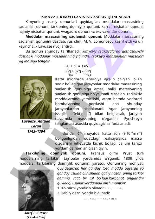 Kimyo fanining asosiy qonunlari haqida ma'lumotlar