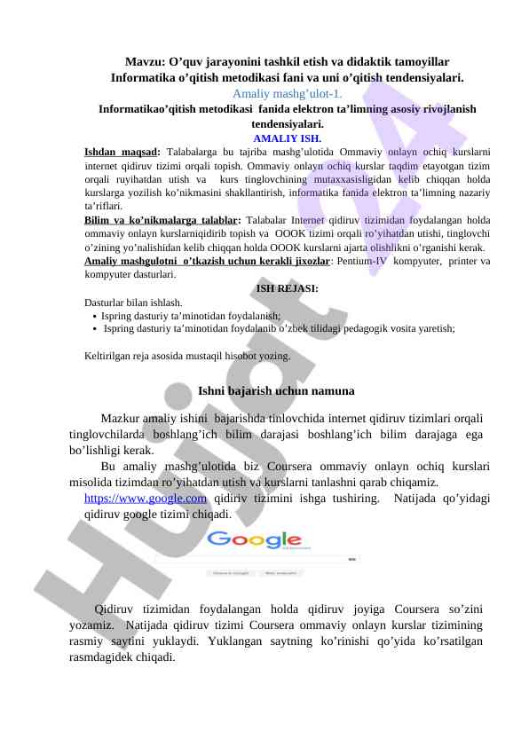 Informatika o‘qitish metodikasi va o‘quv jarayoni