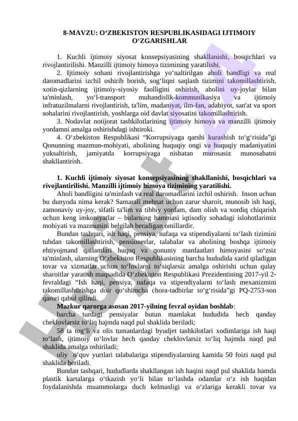 O‘zbekiston respublikasi ijtimoiy o‘zgarishlar tahlili