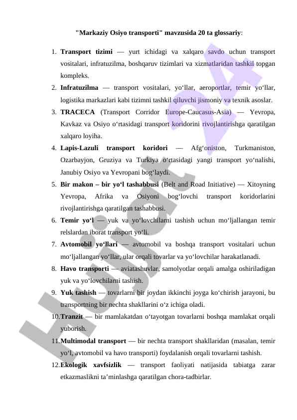 Markaziy osiyo transporti bo‘yicha glossariy