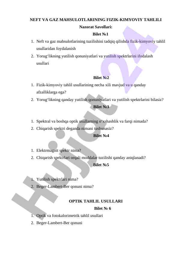 Fizik-kimyoviy tahlil usullari bo'yicha savollar