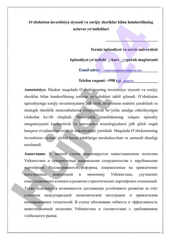 O‘zbekiston investitsiya siyosati va hamkorlik yo‘nalishlari