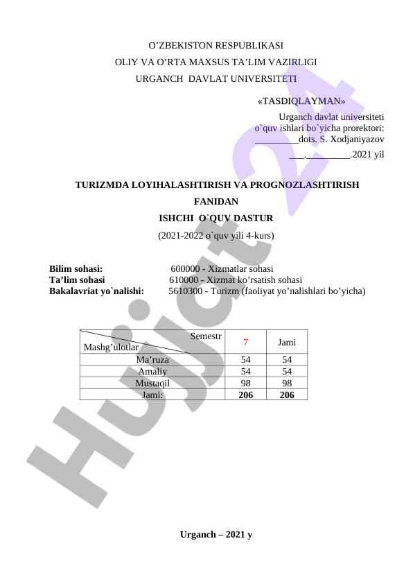Turizmda loyihalashtirish va prognozlashtirish fanidan dastur