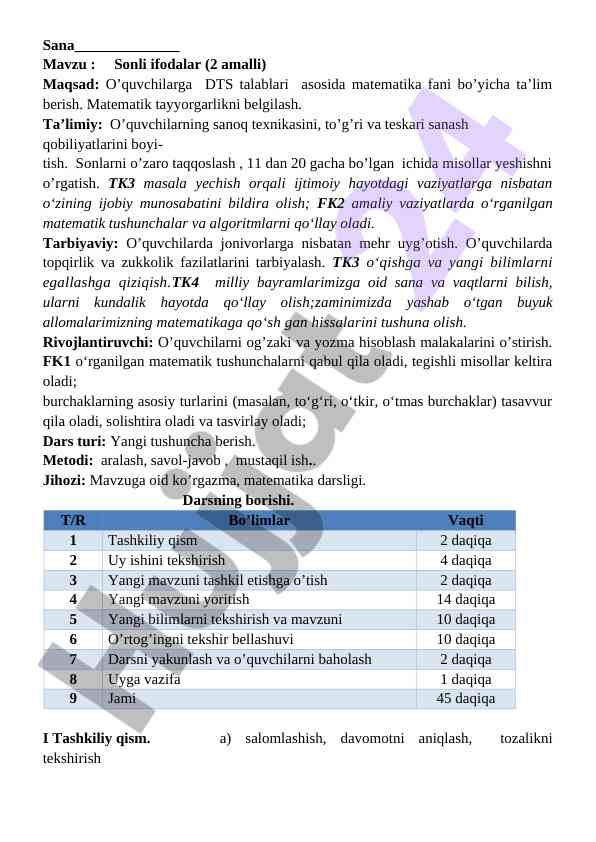Sonli ifodalar bilan o'quv o'tkazish jarayoni