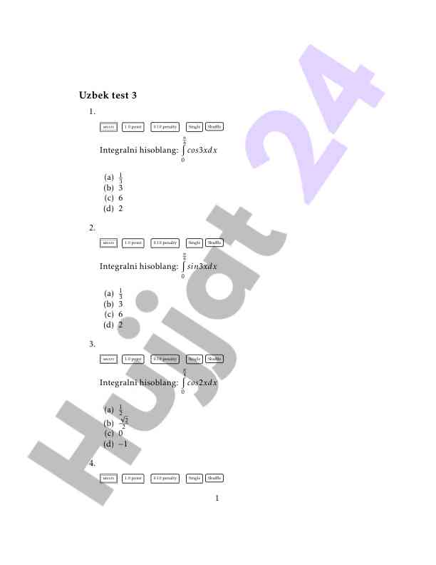Integrallar hisoblash test savollari