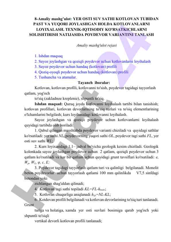 Yer ostida kotlovanlarni loyihalash jarayoni