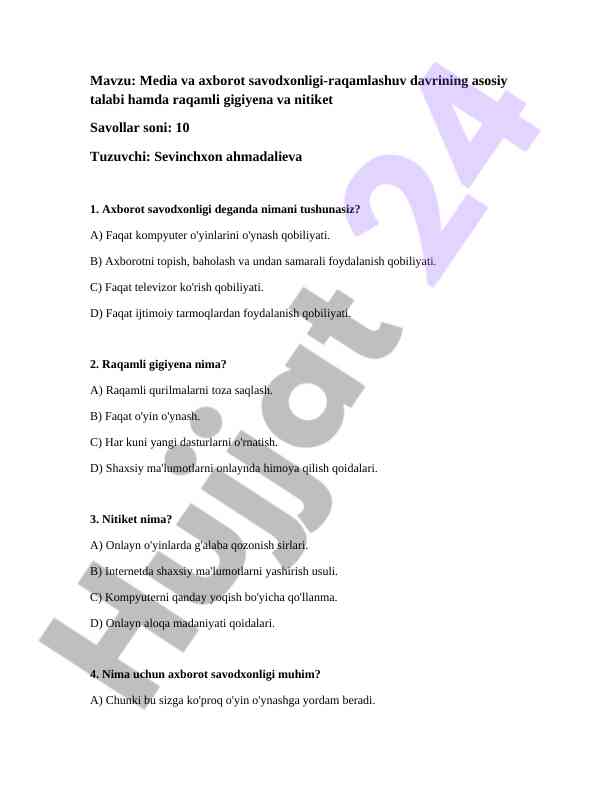 Media va axborot savodxonligi test savollari