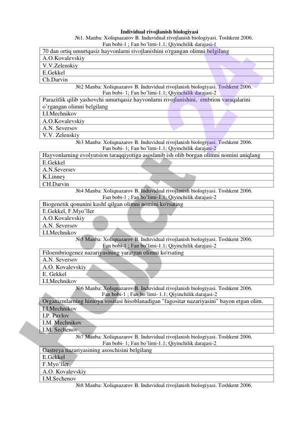 Induvidual rivojlanish biologiyasi testlari
