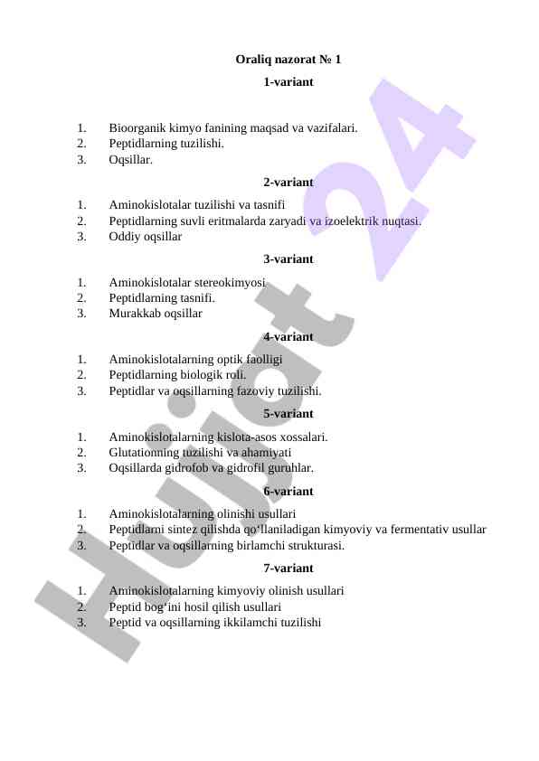 Oraliq nazorat № 1 bioorganik kimyo