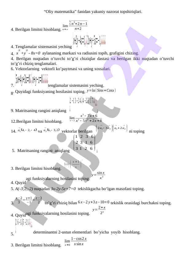 Oliy matematika fanidan nazorat taqdimoti