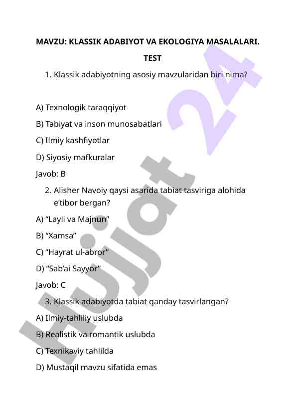 Klassik adabiyot va ekologiya masalalari testi