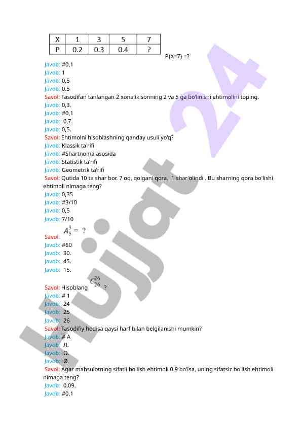 Hisoblash ehtimollari bilimlariga oid test