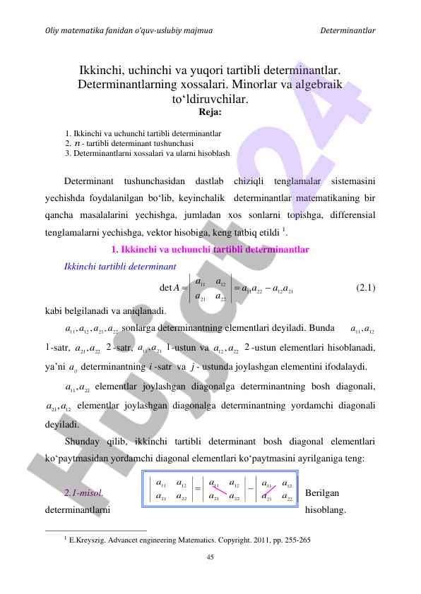 Oliy matematika o‘quv-uslubiy majmua: determinantlar