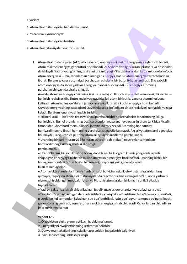 Atom elektr stansiyalari va ularning energiya manbalari