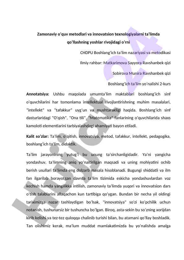 Zamonaviy o’quv metodlari va innovatsion texnologiyalar