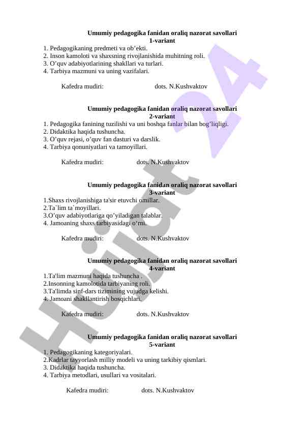 Oraliq nazorat savollari bo'yicha umumiy pedagogika