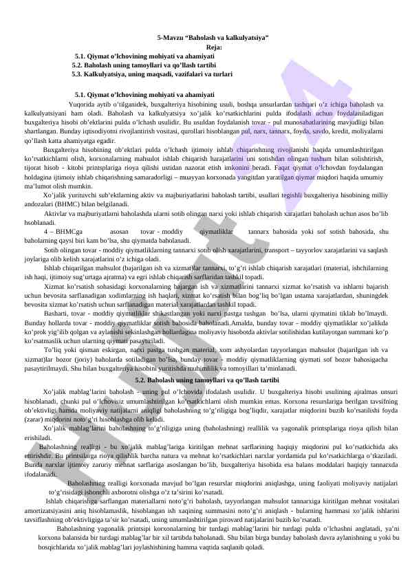 Baholash va kalkulyatsiya mazmuni