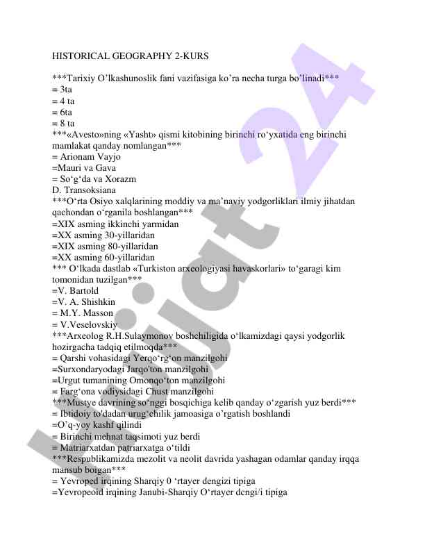 Tarixiy o’lkashunoslik fanining asosiy savollari